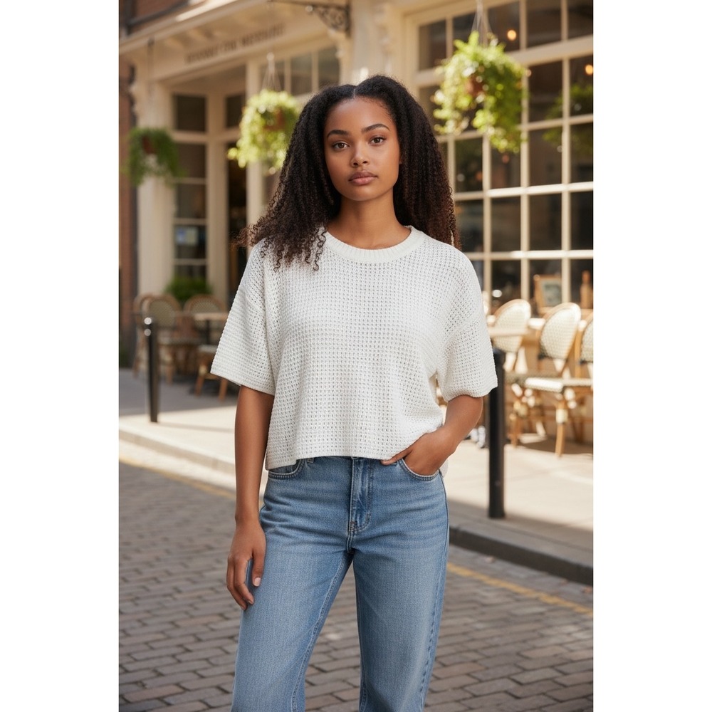 Halogen Womens White Textured Open Knit Cotton Short Sleeve Sweater HA252031MI S